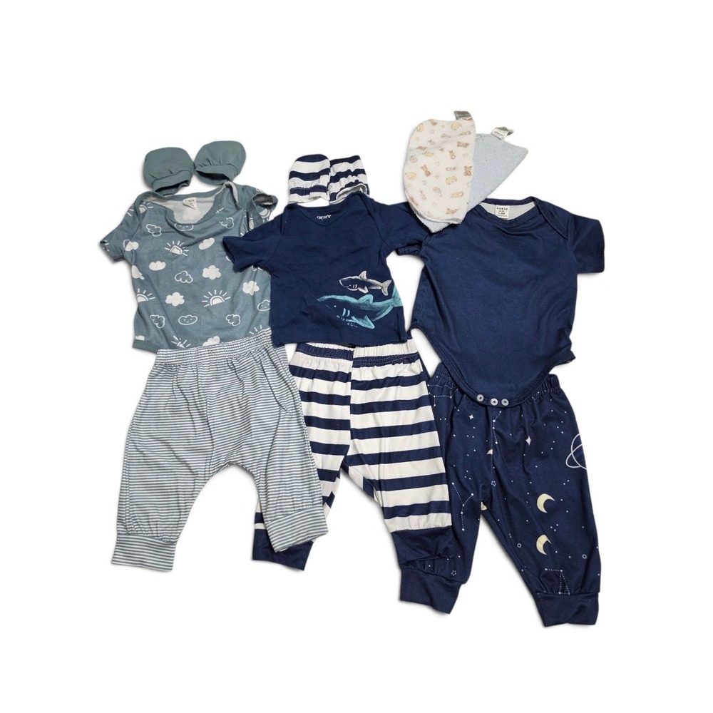 Baby Boy 10 Piece Bundle 0-3M Bodysuits Pants Mittens Burp Cloths